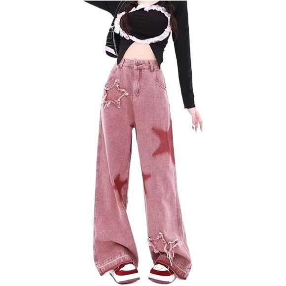 Women's Y2K Boho Baggy Star Pink Gunge Goth 90's Distressed Jeans Size Small - Picture 1 of 4